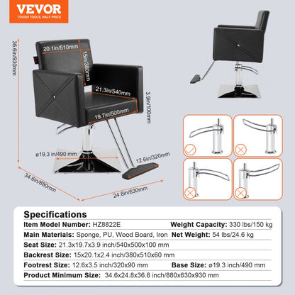 VEVOR Salon Chair, Barber Chair for Hair Stylist, Styling Chair with Heavy Duty Hydraulic Pump, 360° Swivel Hair Salon Chair with Footrest for Beauty Spa Shampoo, Max Load Weight 330 lbs, Black