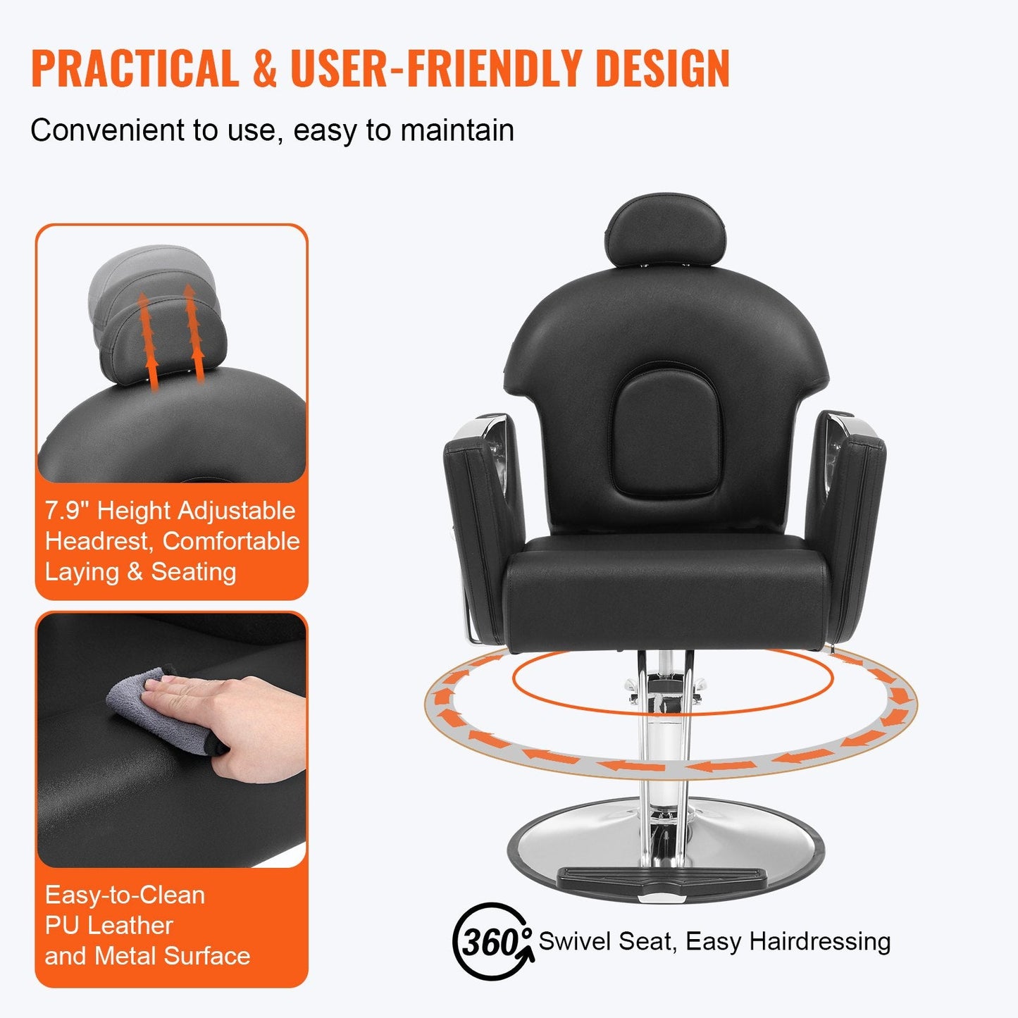 Hydraulic Recliner Barber Chair for Stylists, 360° Swivel, 150 kg Capacity