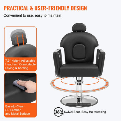 Hydraulic Recliner Barber Chair for Stylists, 360° Swivel, 150 kg Capacity