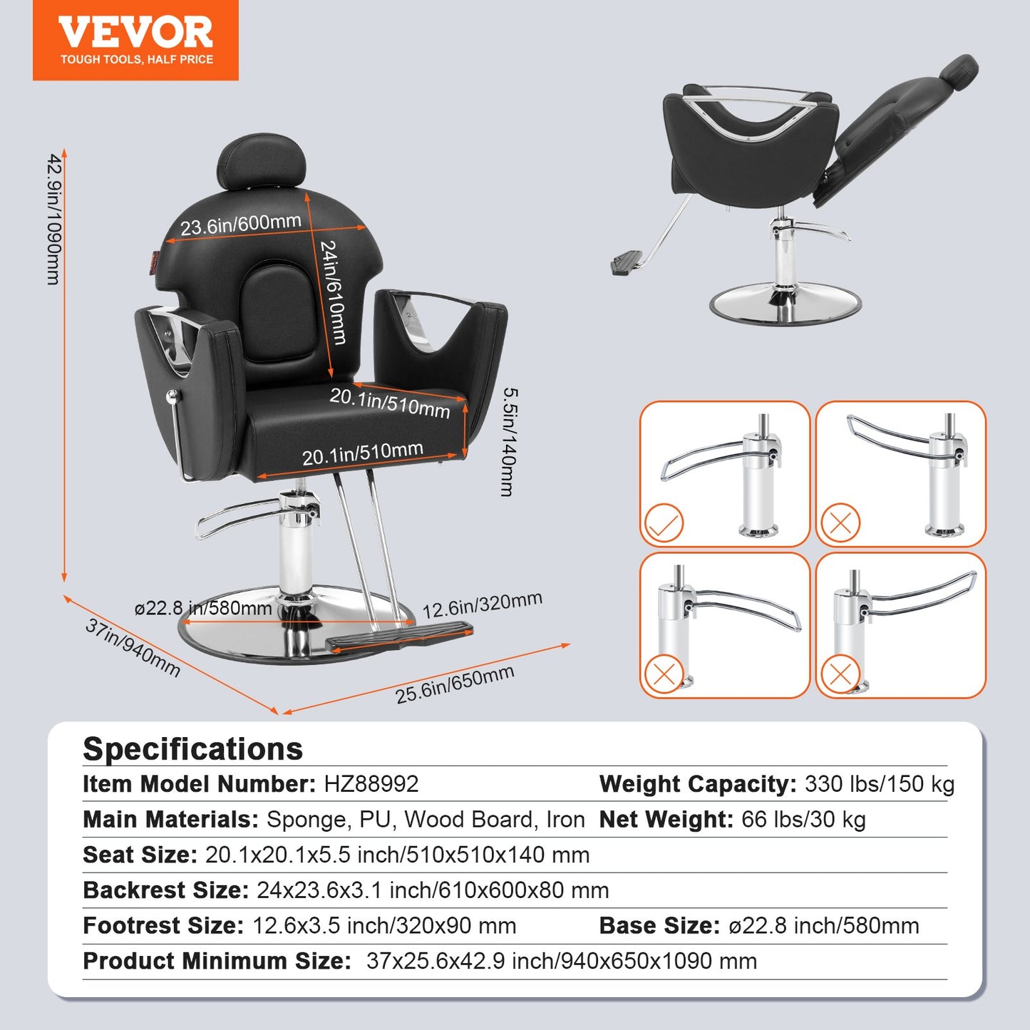 VEVOR Salon Chair, Hydraulic Recliner Barber Chair for Hair Stylist, 360 Degrees