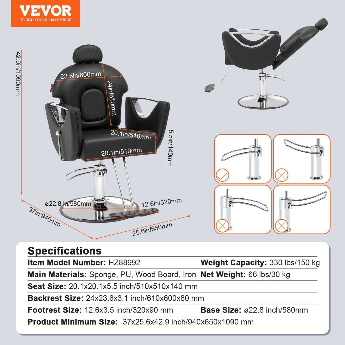 Hydraulic Recliner Barber Chair for Stylists, 360° Swivel, 150 kg Capacity