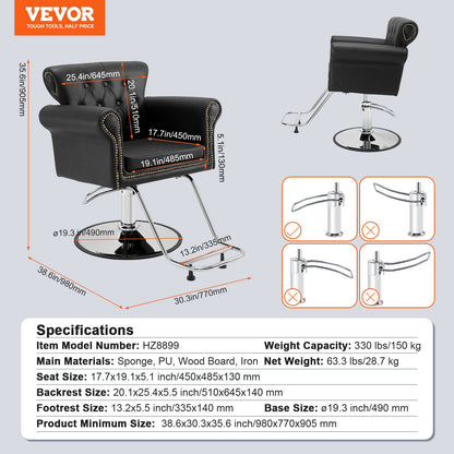 VEVOR Salon Chair, Barber Chair for Hair Stylist, Styling Chair with Heavy Duty