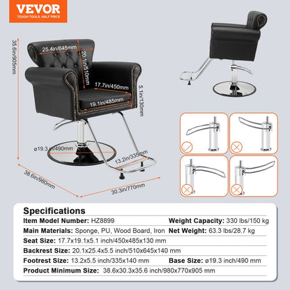 Heavy Duty Barber Chair with Hydraulic Pump, 360° Swivel, 150 kg Capacity