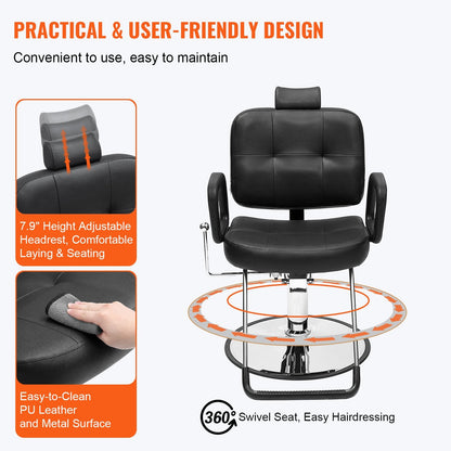 Hydraulic Reclining Salon Chair for Hair Stylists, 360° Swivel, 150 kg Capacity