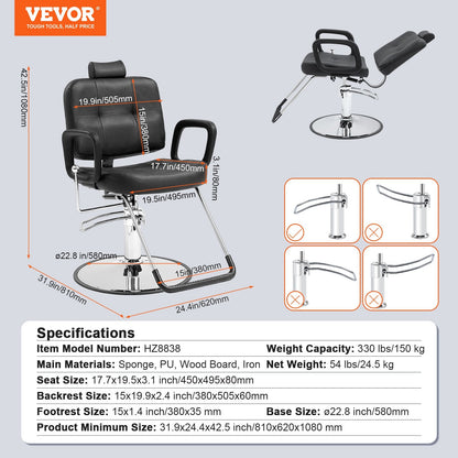 Hydraulic Reclining Salon Chair for Hair Stylists, 360° Swivel, 150 kg Capacity
