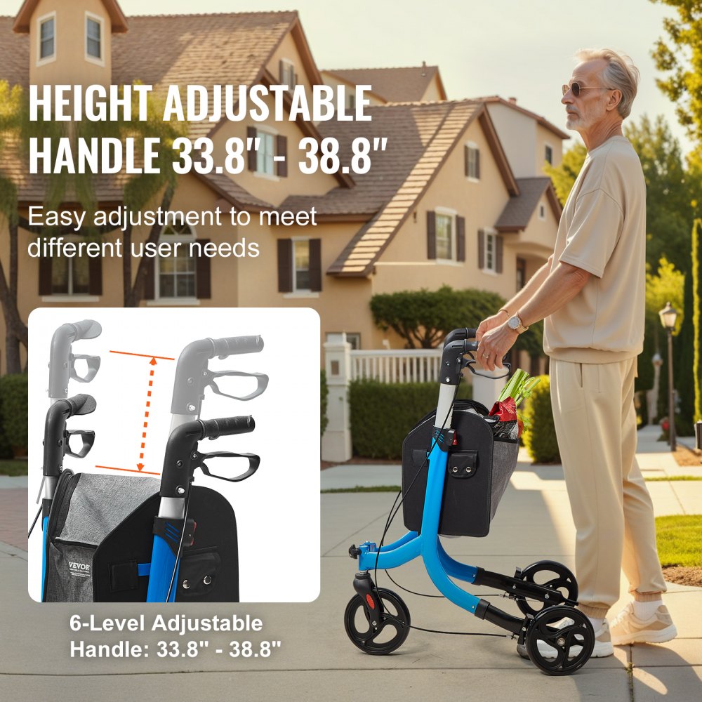 3 Wheels Rollator Walker for Seniors, Lightweight Aluminum Foldable Rolling Walker with Adjustable Handle, Outdoor Trio 