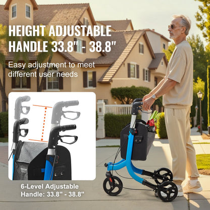 3 Wheels Rollator Walker for Seniors, Lightweight Aluminum Foldable Rolling Walker with Adjustable Handle, Outdoor Trio 