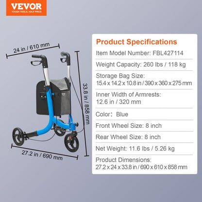 3 Wheels Rollator Walker for Seniors, Lightweight Aluminum Foldable Rolling Walker with Adjustable Handle, Outdoor Trio 
