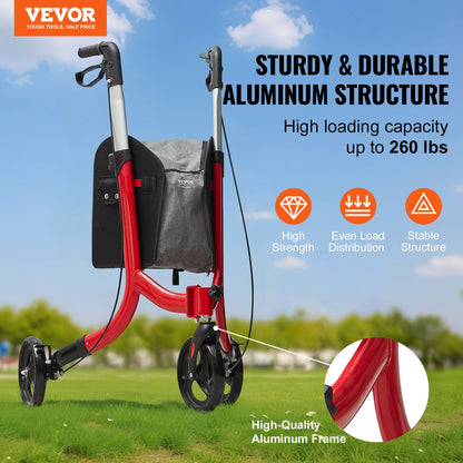 VEVOR 3 Wheels Rollator Walker for Seniors, Lightweight Aluminum Foldable Rolling