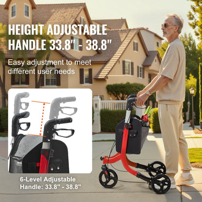 Lightweight Foldable 3-Wheel Walker for Seniors with Adjustable Handle, Red