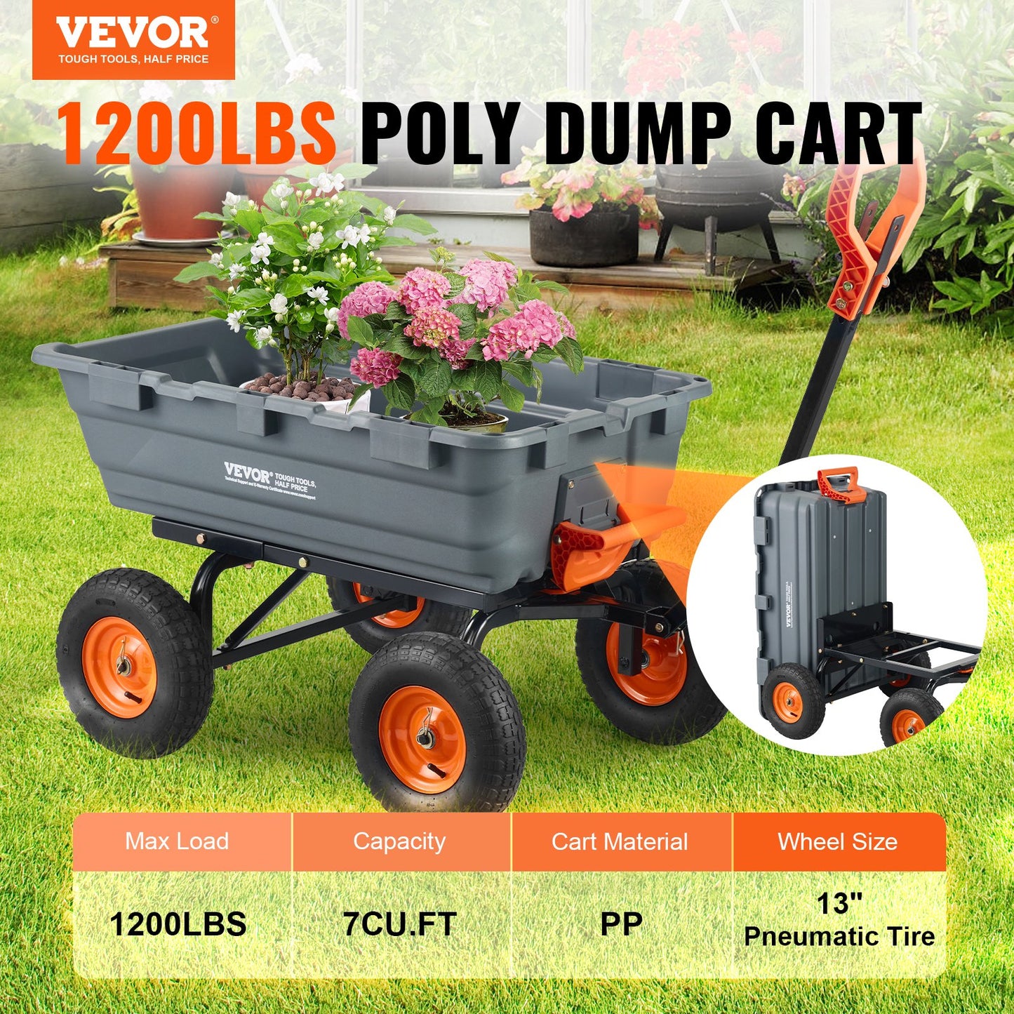 VEVOR Dump Cart, Poly Garden Dump Cart with Easy to Assemble Steel Frame, Dump Wagon