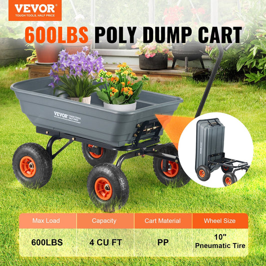 Four cubic foot dump wagon provides ample space for transporting soil, tools, mulch, leaves, and materials