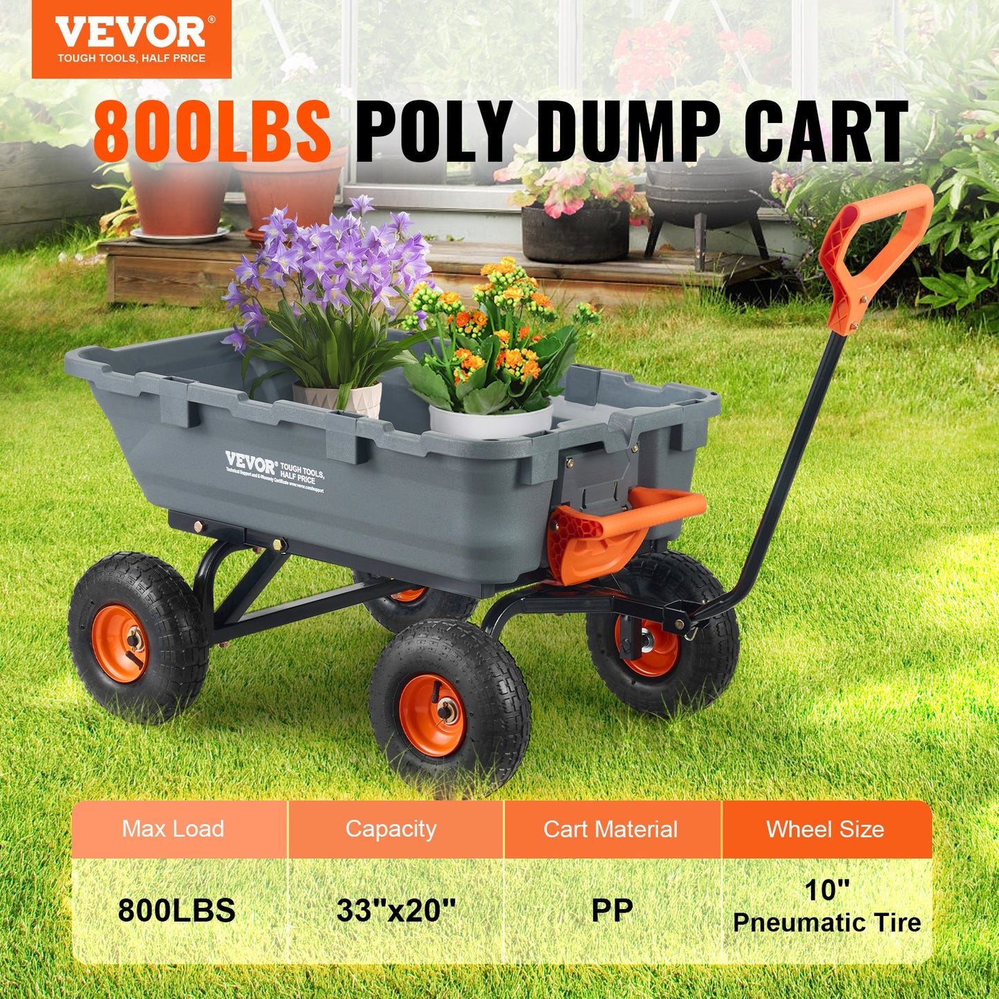 VEVOR Dump Cart, Poly Garden Dump Cart with Easy to Assemble Steel Frame, Dump Wagon