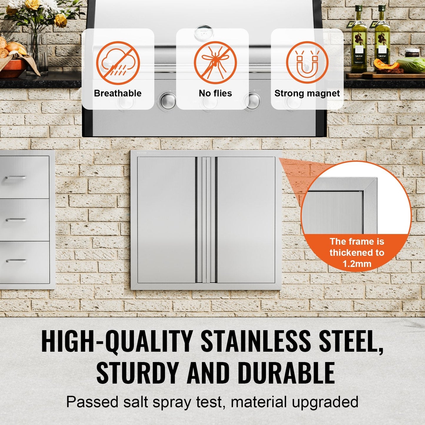 Stainless Steel Double Door for Outdoor Kitchen, 0.66x0.61 m, Easy Install
