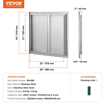 Stainless Steel Double Door for Outdoor Kitchen, 0.66x0.61 m, Easy Install