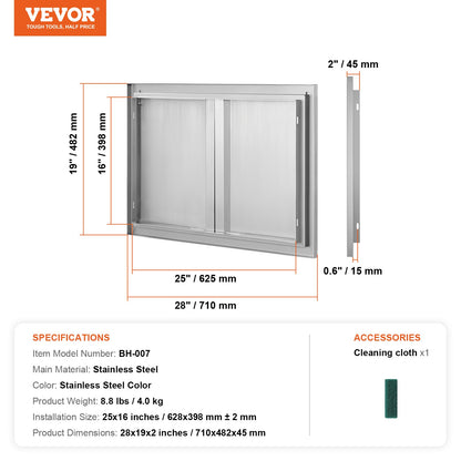 VEVOR BBQ Access Door, 710x482 mm Double Outdoor Kitchen Door, Stainless Steel Flush
