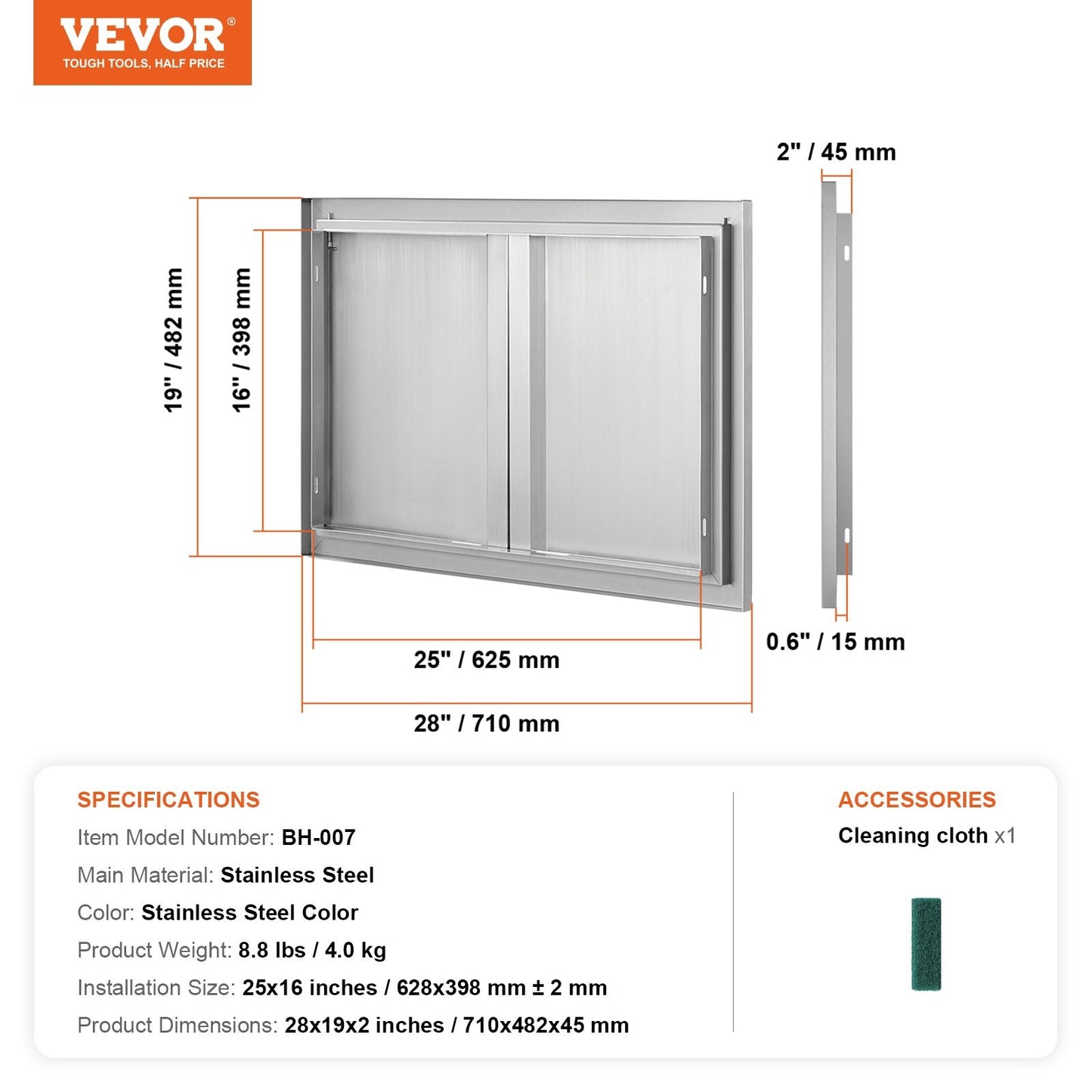 Stainless Steel Double BBQ Access Door, 0.71x0.48 m for Outdoor Kitchen