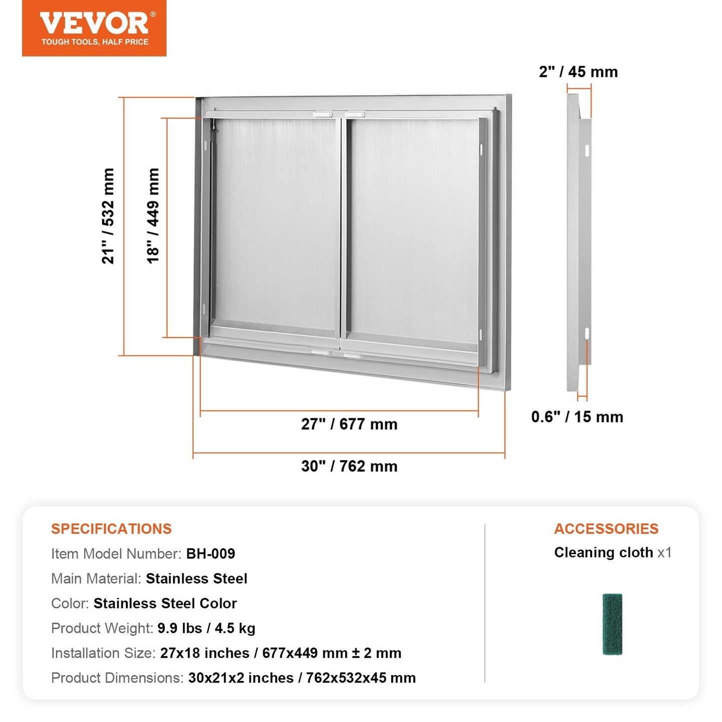 Stainless Steel Outdoor Kitchen Access Door, 0.76x0.53 m, Double Flush Mount