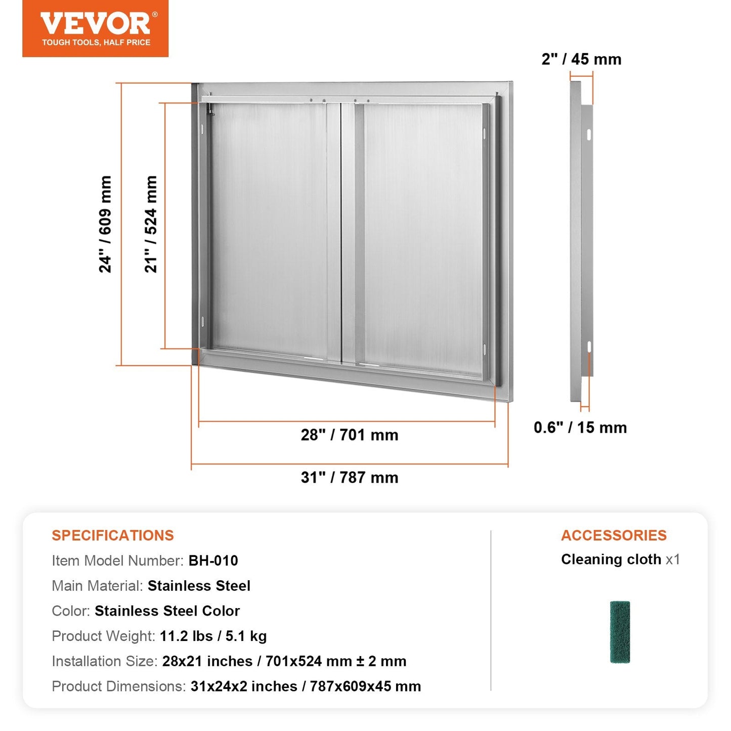 Stainless Steel Outdoor Kitchen Door, 0.79x0.61 m Double BBQ Access Panel