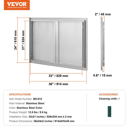 Stainless Steel Double Access Door for Outdoor Kitchen, 0.9x0.6m Flush Mount