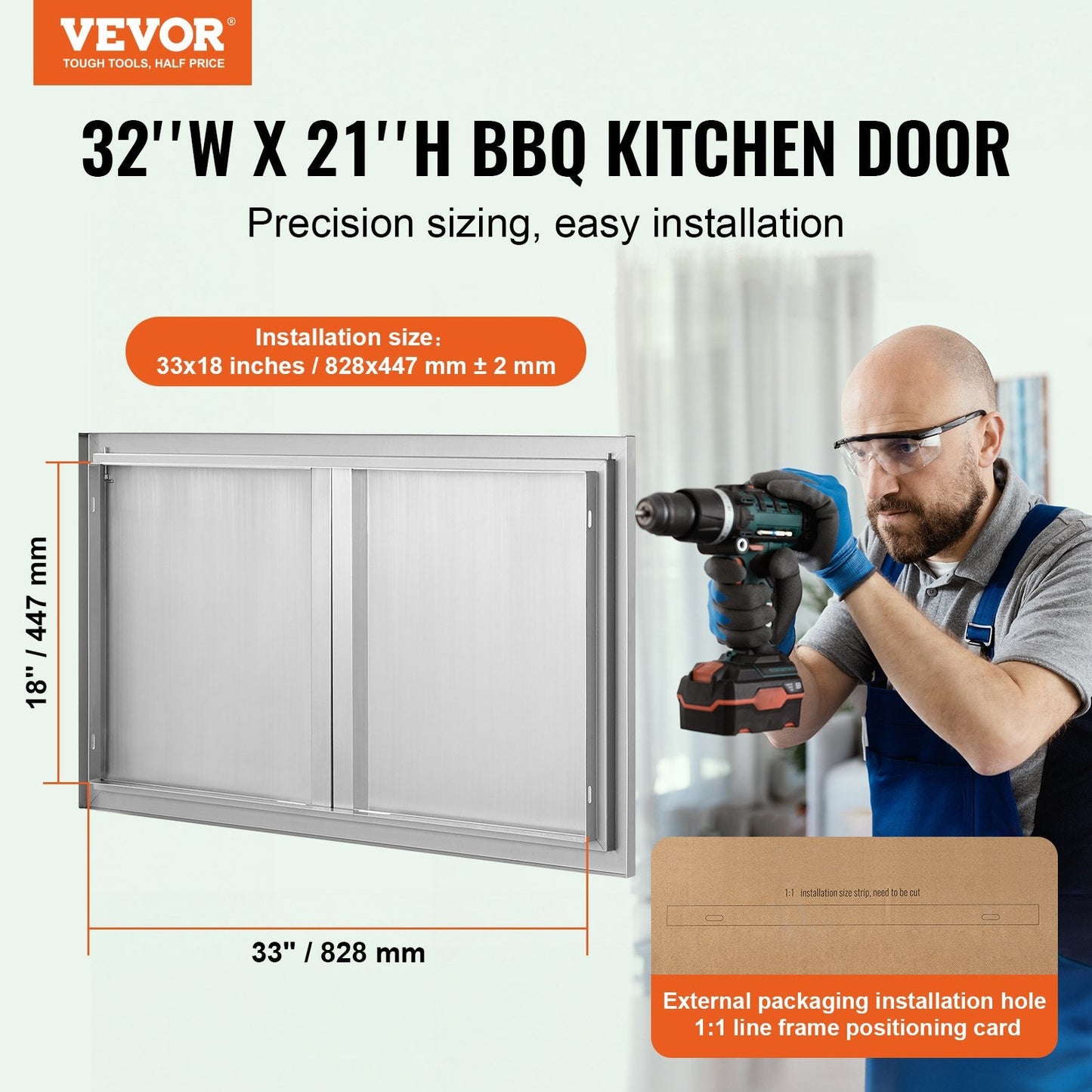 Stainless Steel Outdoor Double Kitchen Door, 0.9x0.5m, Recessed Handles