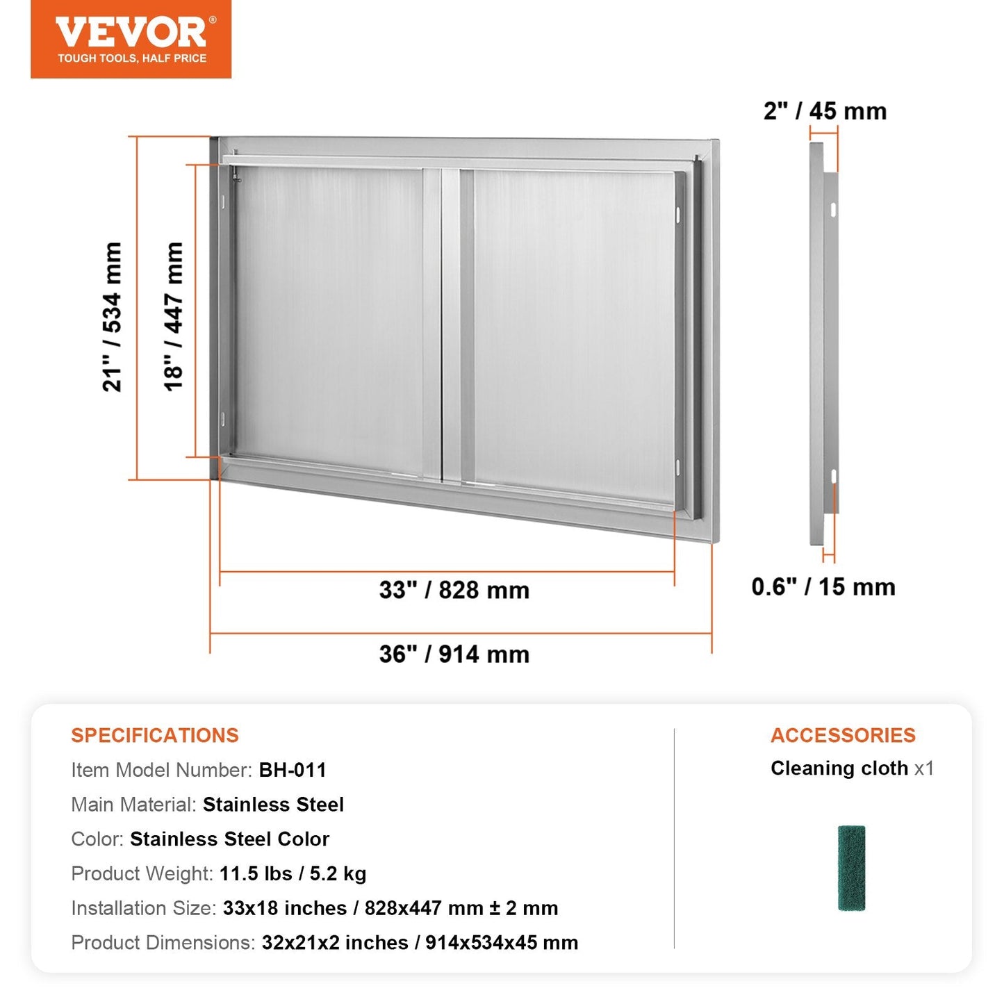 Stainless Steel Outdoor Double Kitchen Door, 0.9x0.5m, Recessed Handles