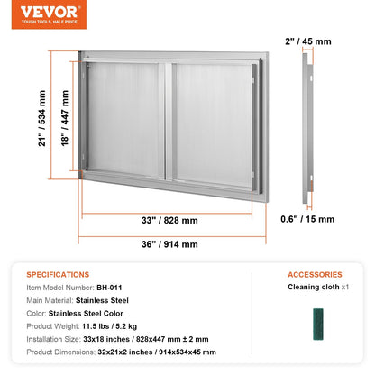 Stainless Steel Outdoor Double Kitchen Door, 0.9x0.5m, Recessed Handles