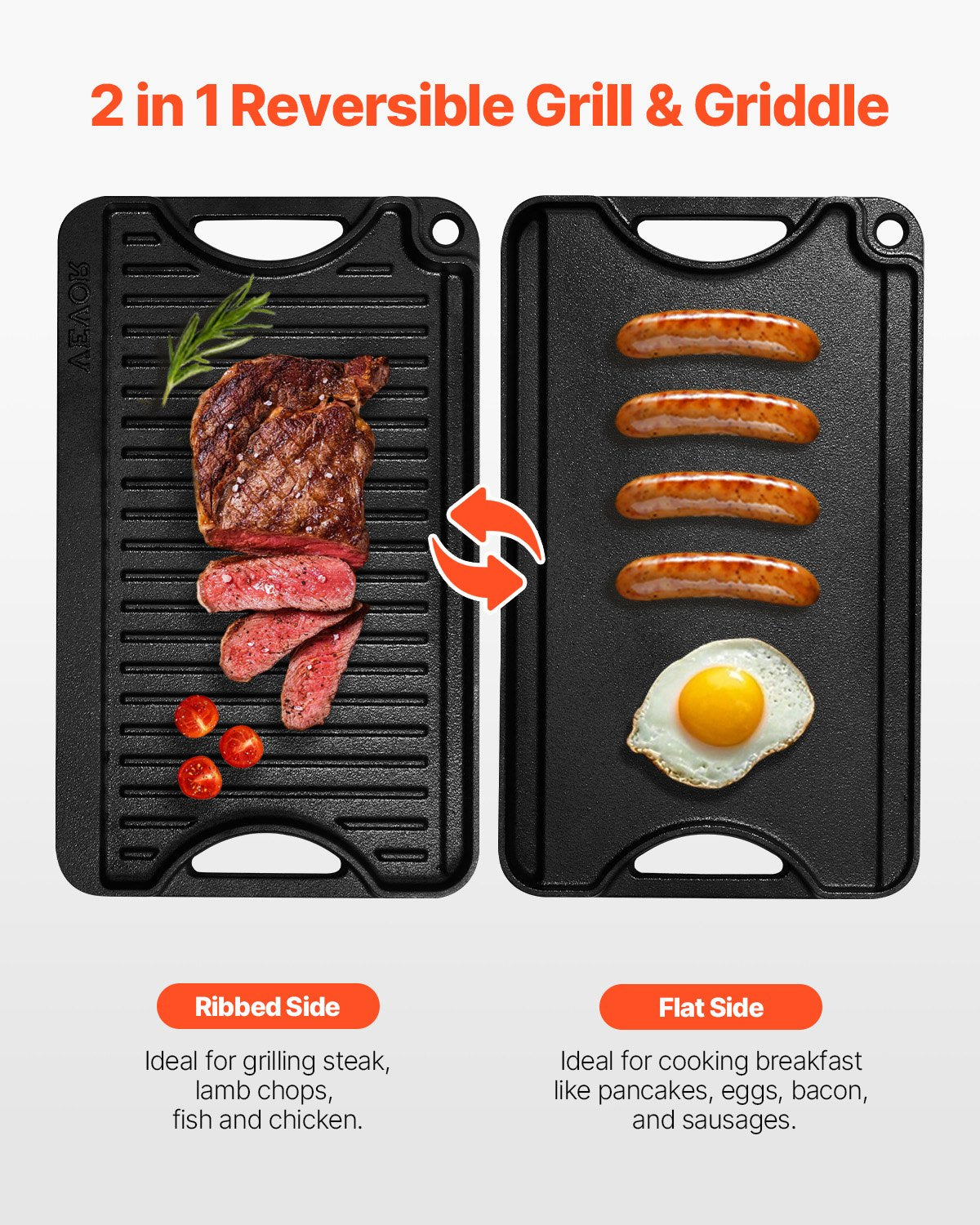 Reversible Grill/Griddle, 14x8.5 inch Pre-Seasoned Cast Iron Griddle, Portable Rectangular Pan with Handle, Family Cookware for Indoor/Outdoor Stove Top Burner, Gas, Camping BBQ, Black