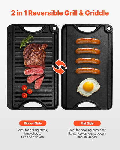 Reversible Grill/Griddle, 14x8.5 inch Pre-Seasoned Cast Iron Griddle, Portable Rectangular Pan with Handle, Family Cookware for Indoor/Outdoor Stove Top Burner, Gas, Camping BBQ, Black