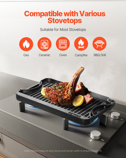 Reversible Grill/Griddle, 14x8.5 inch Pre-Seasoned Cast Iron Griddle, Portable Rectangular Pan with Handle, Family Cookware for Indoor/Outdoor Stove Top Burner, Gas, Camping BBQ, Black