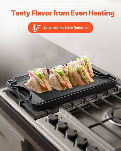 Reversible Grill/Griddle, 14x8.5 inch Pre-Seasoned Cast Iron Griddle, Portable Rectangular Pan with Handle, Family Cookware for Indoor/Outdoor Stove Top Burner, Gas, Camping BBQ, Black