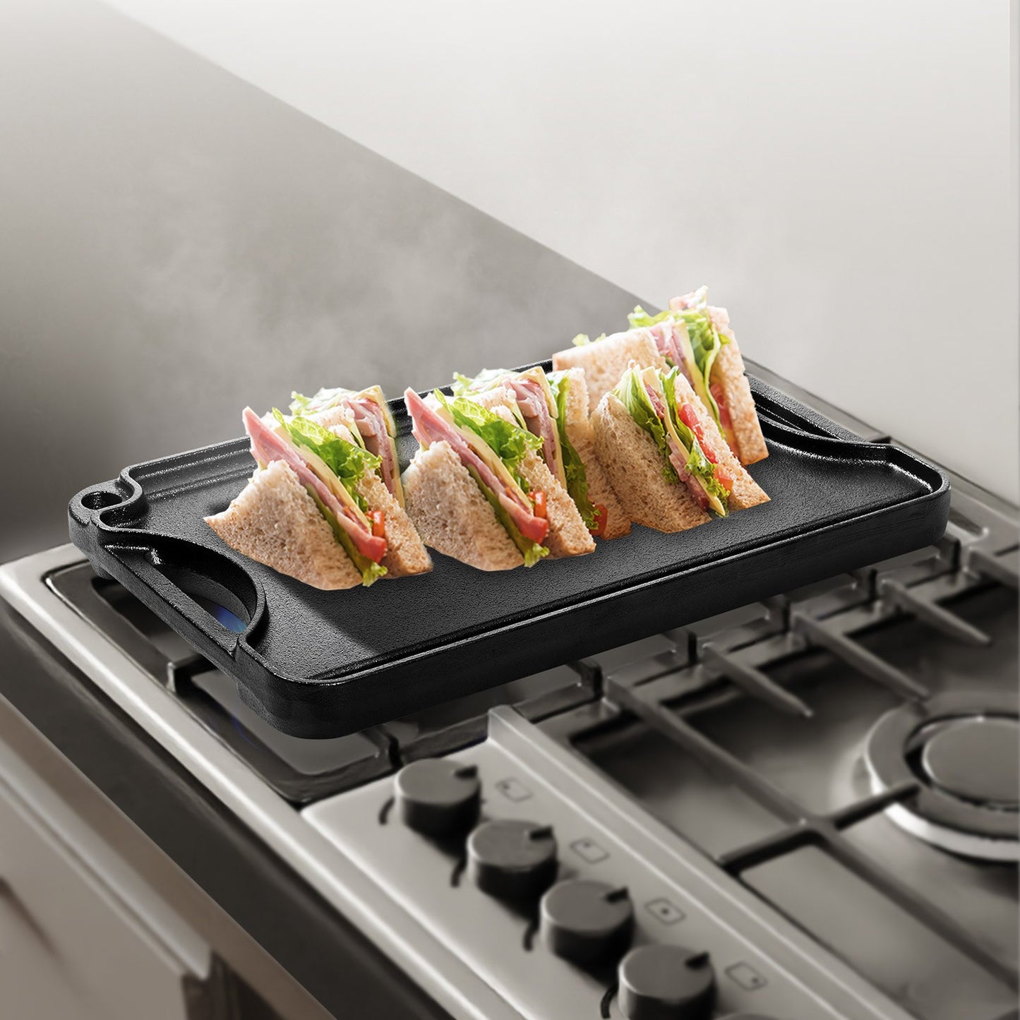 Reversible Grill/Griddle, 14x8.5 inch Pre-Seasoned Cast Iron Griddle, Portable Rectangular Pan with Handle, Family Cookware for Indoor/Outdoor Stove Top Burner, Gas, Camping BBQ, Black