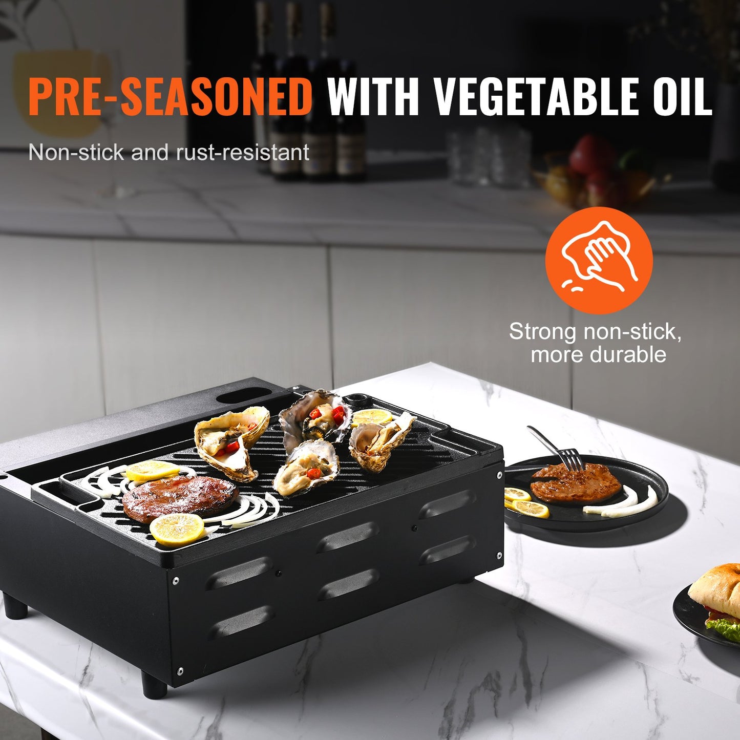 VEVOR Reversible Grill/Griddle, 9.7"x16.7" Pre-Seasoned Cast Iron Griddle, Rectangular
