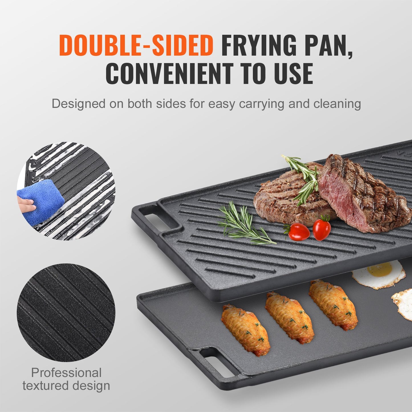 VEVOR Reversible Grill/Griddle, 9.7"x16.7" Pre-Seasoned Cast Iron Griddle, Rectangular