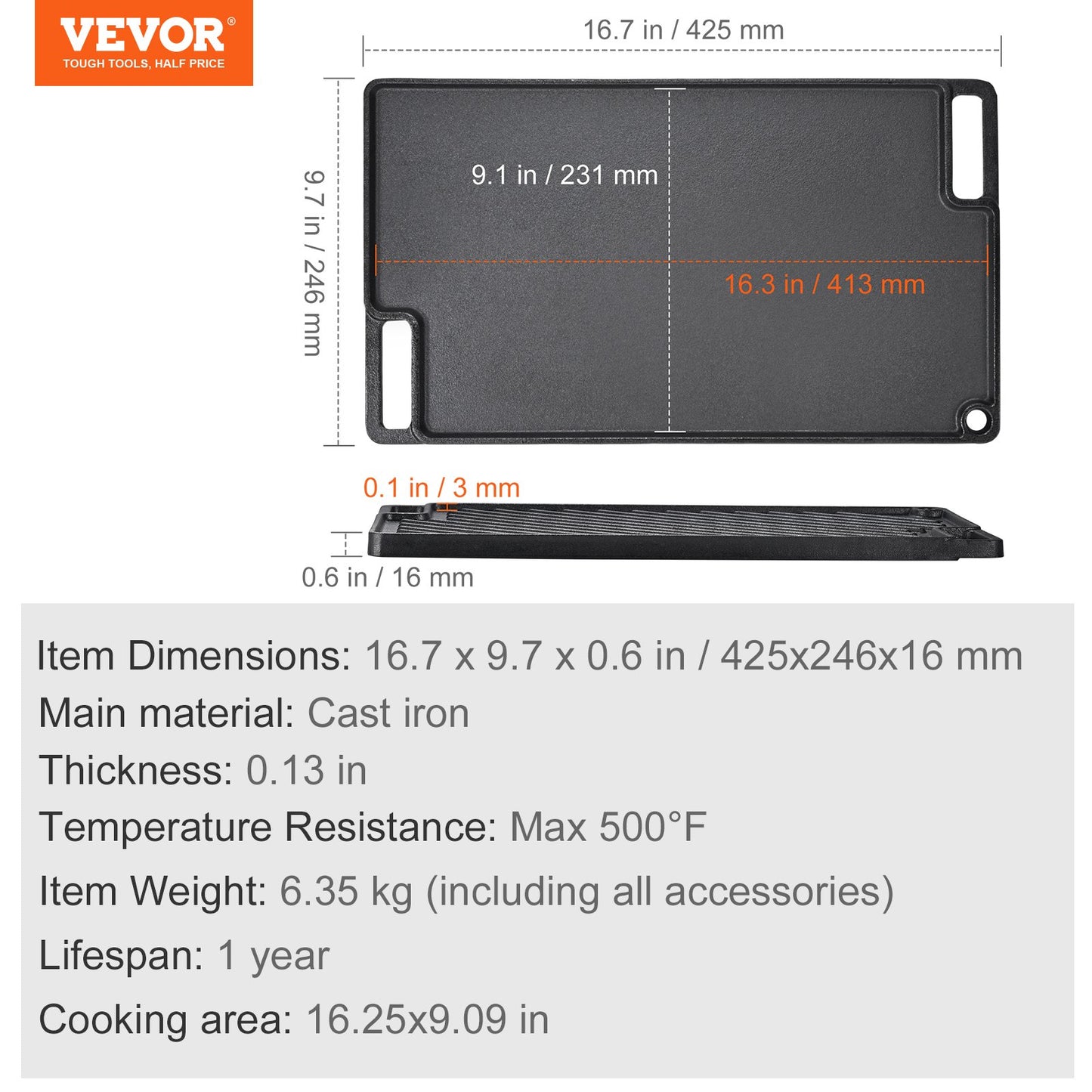 VEVOR Reversible Grill/Griddle, 9.7"x16.7" Pre-Seasoned Cast Iron Griddle, Rectangular