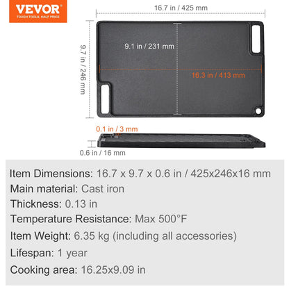 Reversible Cast Iron Grill/Griddle: 0.25m x 0.42m Non-Stick Double Burner Pan