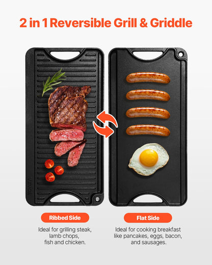 Reversible Grill/Griddle, 20x10 inch Pre-Seasoned Cast Iron Griddle, Portable Rectangular Pan with Handle, Family Cookware for Indoor/Outdoor Stove Top Burner, Gas, Camping BBQ, Black