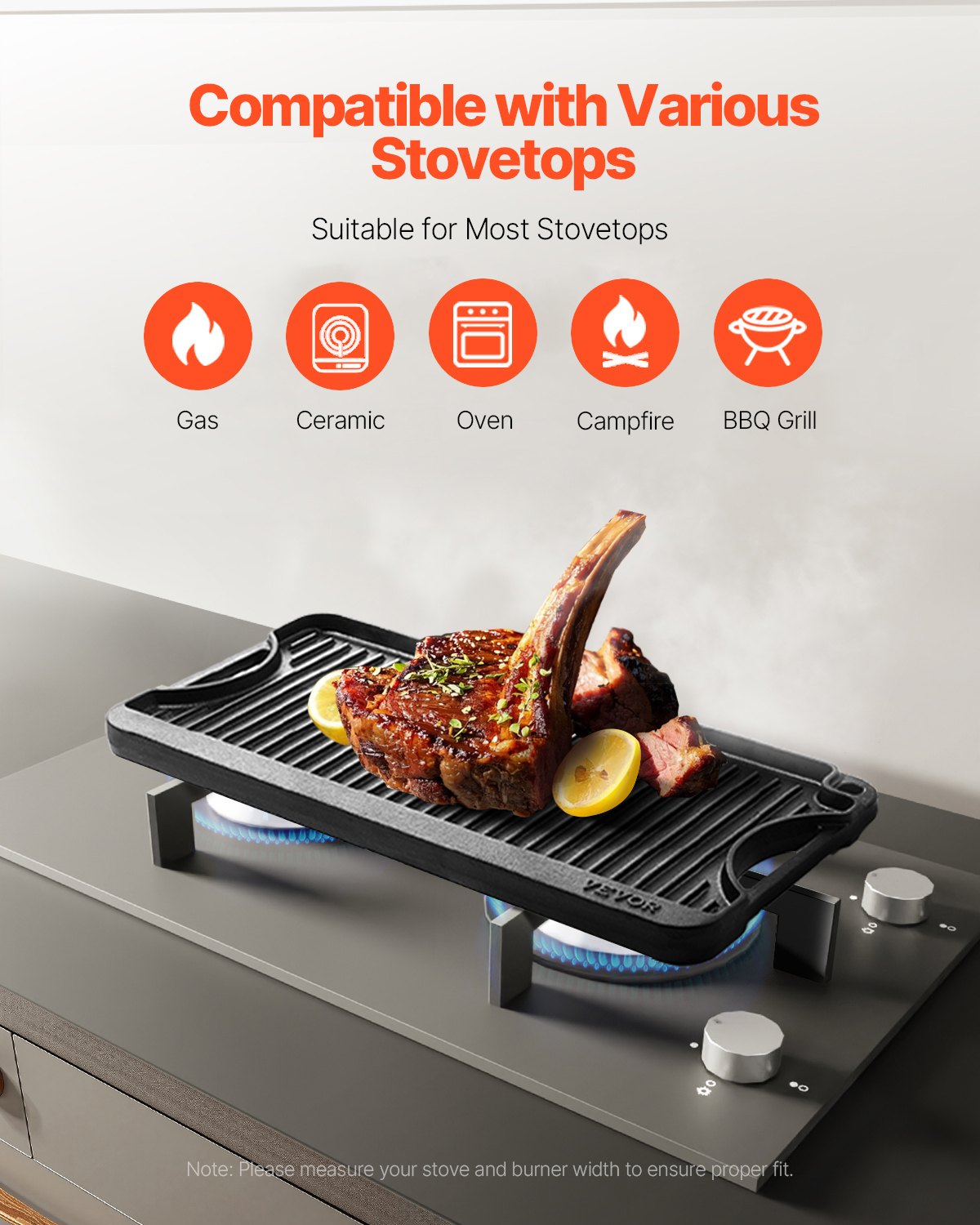 Reversible Grill/Griddle, 20x10 inch Pre-Seasoned Cast Iron Griddle, Portable Rectangular Pan with Handle, Family Cookware for Indoor/Outdoor Stove Top Burner, Gas, Camping BBQ, Black