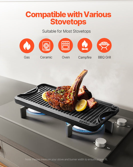 Reversible Grill/Griddle, 20x10 inch Pre-Seasoned Cast Iron Griddle, Portable Rectangular Pan with Handle, Family Cookware for Indoor/Outdoor Stove Top Burner, Gas, Camping BBQ, Black