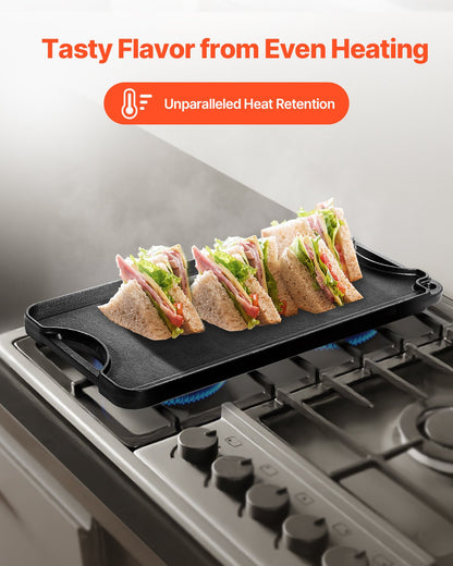 Reversible Grill/Griddle, 20x10 inch Pre-Seasoned Cast Iron Griddle, Portable Rectangular Pan with Handle, Family Cookware for Indoor/Outdoor Stove Top Burner, Gas, Camping BBQ, Black