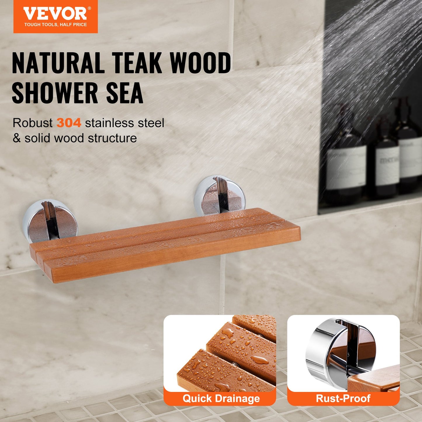 VEVOR Folding Teak Shower Seat, 20.1" x 13.2" Unfolded, Wall Mounted Fold Up Shower