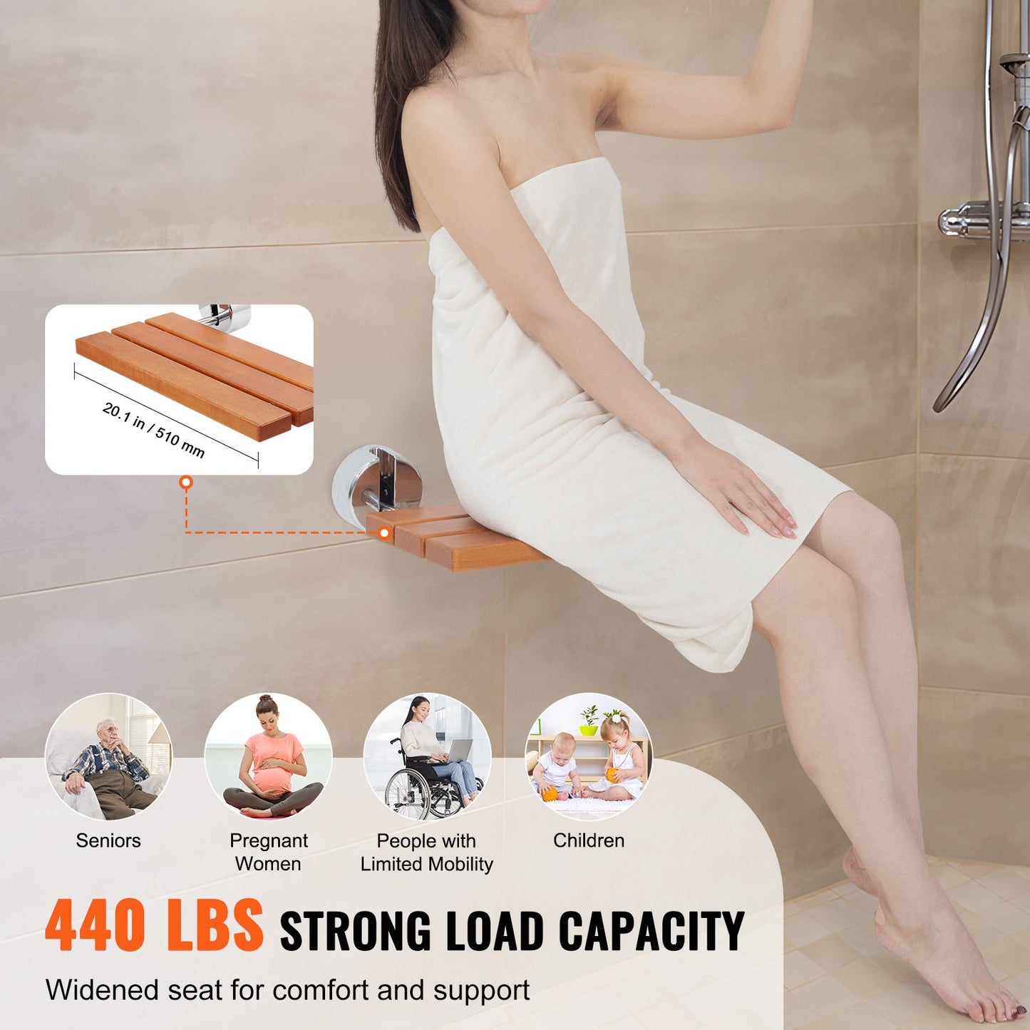 VEVOR Folding Teak Shower Seat, 20.1" x 13.2" Unfolded, Wall Mounted Fold Up Shower