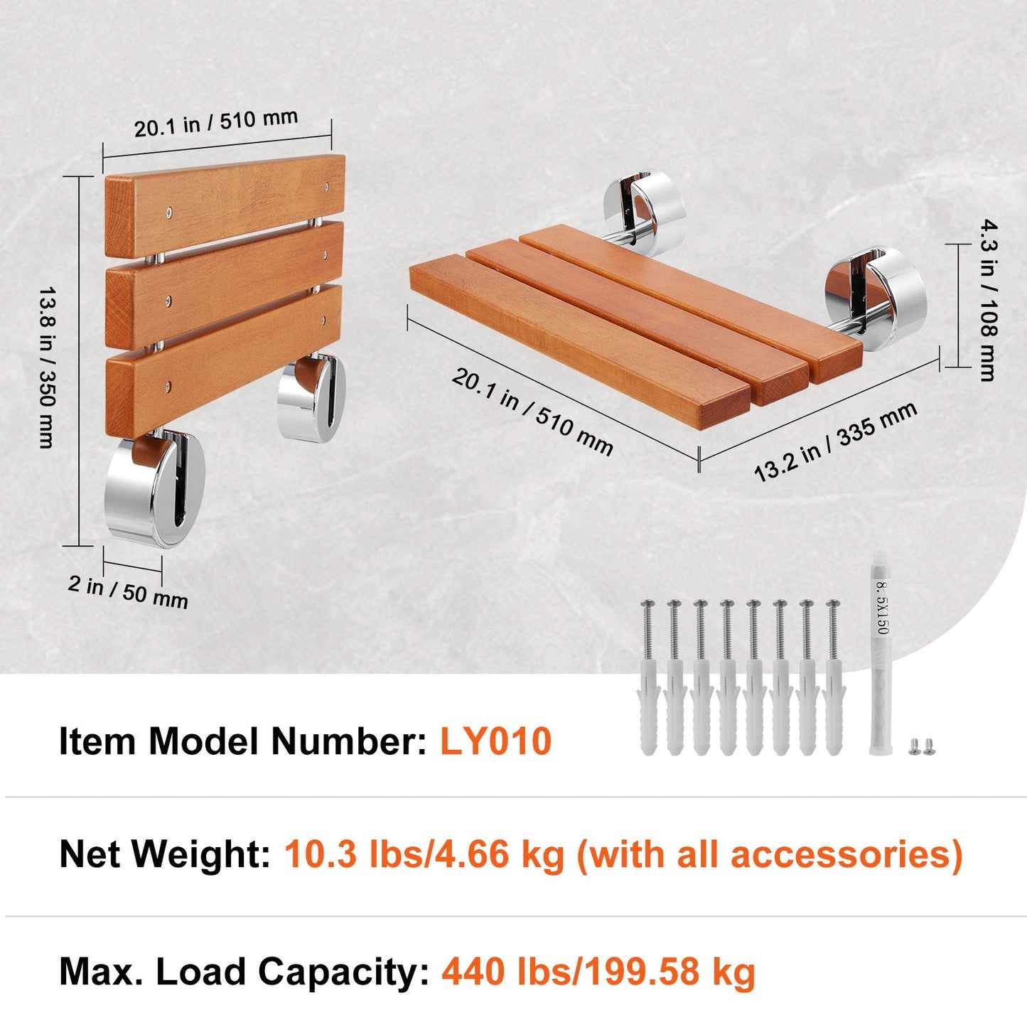 Wall-Mounted Teak Shower Seat, Foldable 0.51m x 0.34m, 199kg Capacity
