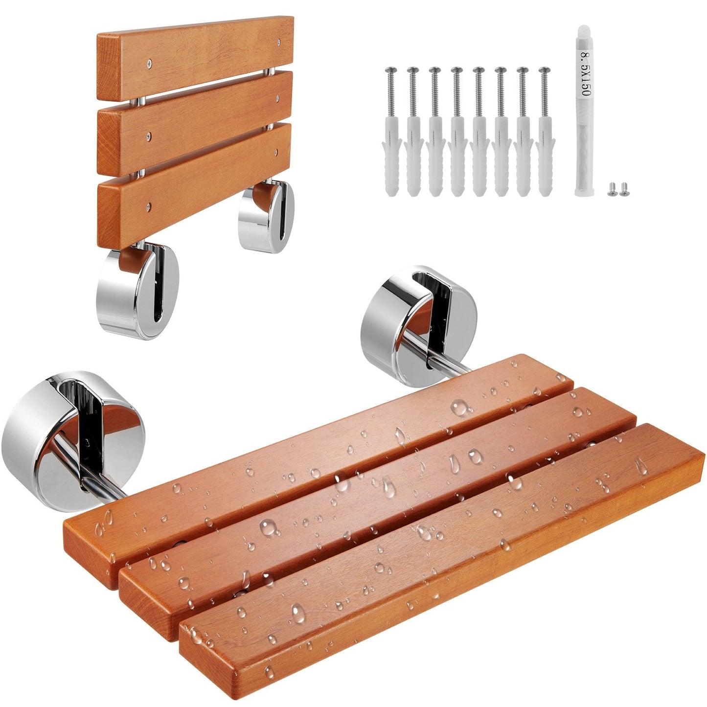 Wall-Mounted Teak Shower Seat, Foldable 0.51m x 0.34m, 199kg Capacity