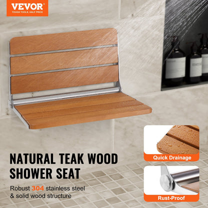 Folding Teak Shower Seat, Wall-Mounted, 0.53 x 0.41m, 226.8 kg Capacity