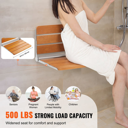 Folding Teak Shower Seat, Wall-Mounted, 0.53 x 0.41m, 226.8 kg Capacity