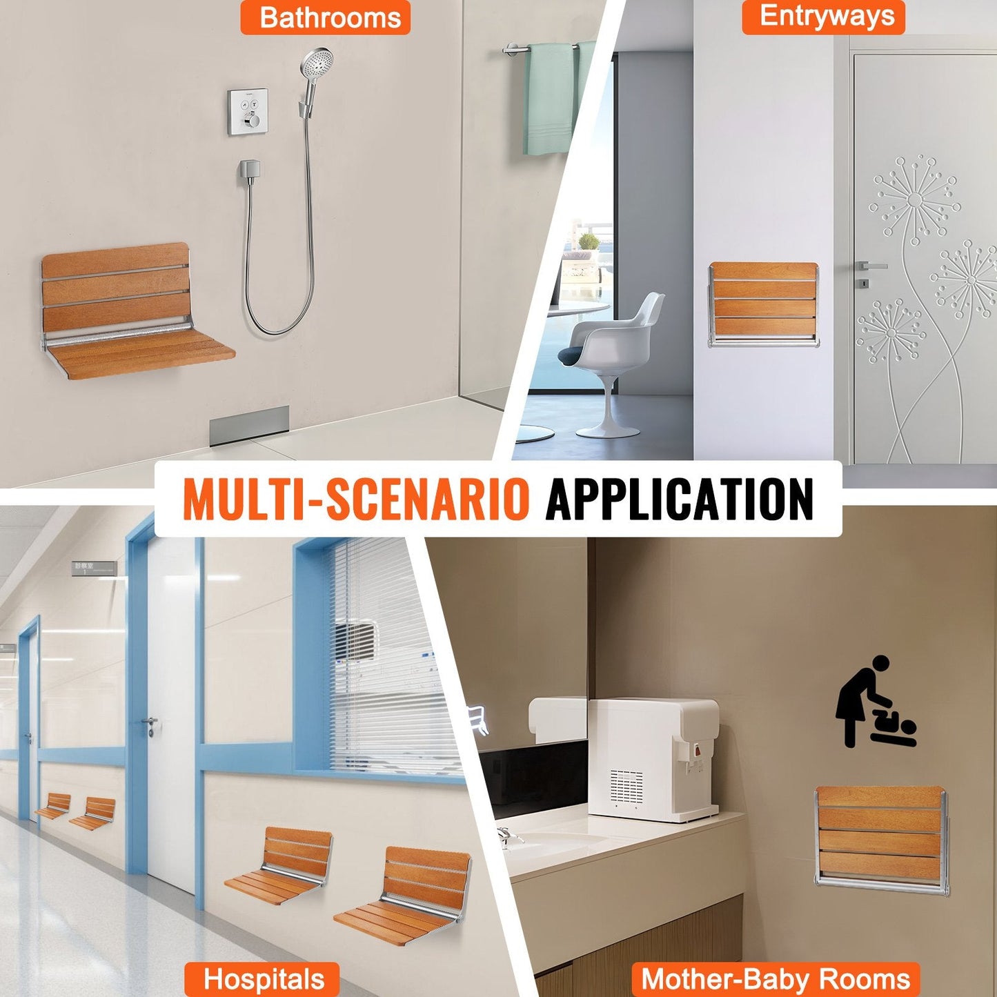 Folding Teak Shower Seat, Wall-Mounted, 0.53 x 0.41m, 226.8 kg Capacity
