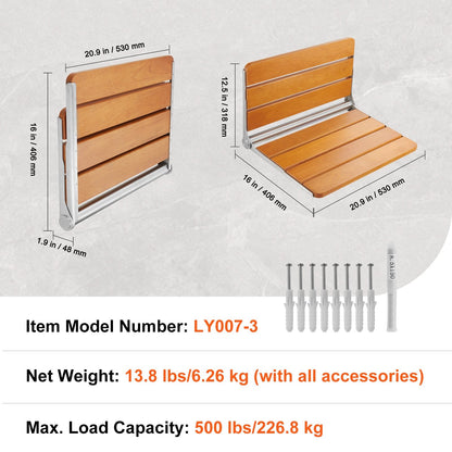 Folding Teak Shower Seat, Wall-Mounted, 0.53 x 0.41m, 226.8 kg Capacity