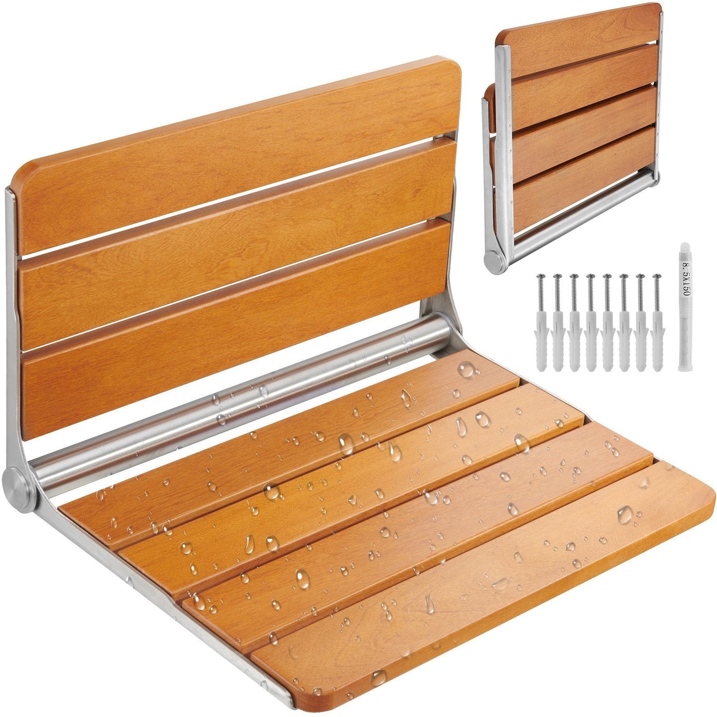 Folding Teak Shower Seat, Wall-Mounted, 0.53 x 0.41m, 226.8 kg Capacity