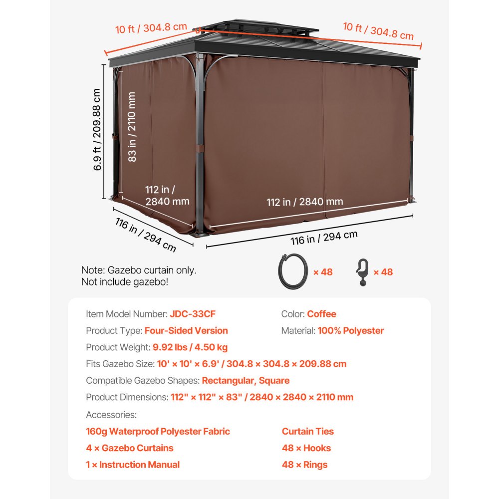 Gazebo Privacy Curtain 10' x 10' x 6.9' Waterproof Gazebo Curtains Coffee